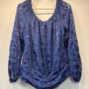 White House Black Market Blue Floral Sheer Long-Sleeve Blouse